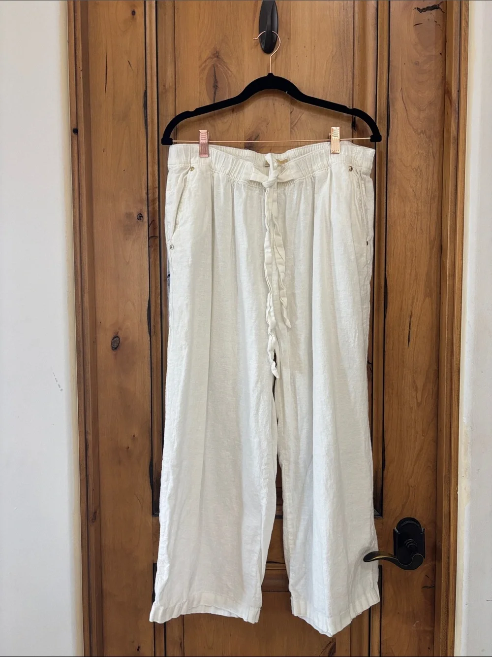 White Michael Kors Linen Drawstring Pants with Gold Accents